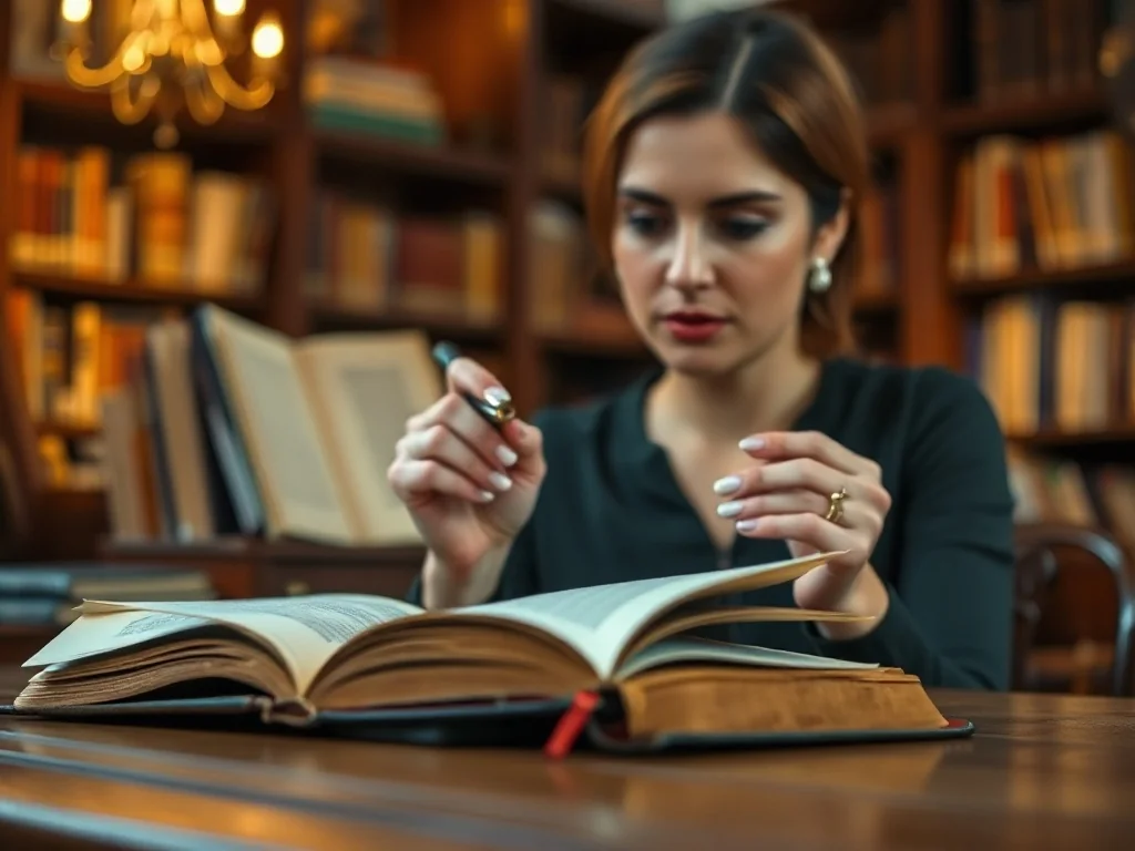 Kobieta z piórem wiecznym pisząca w notatniku przy biurku w bibliotece, podkreślająca akademicki charakter tekstu.