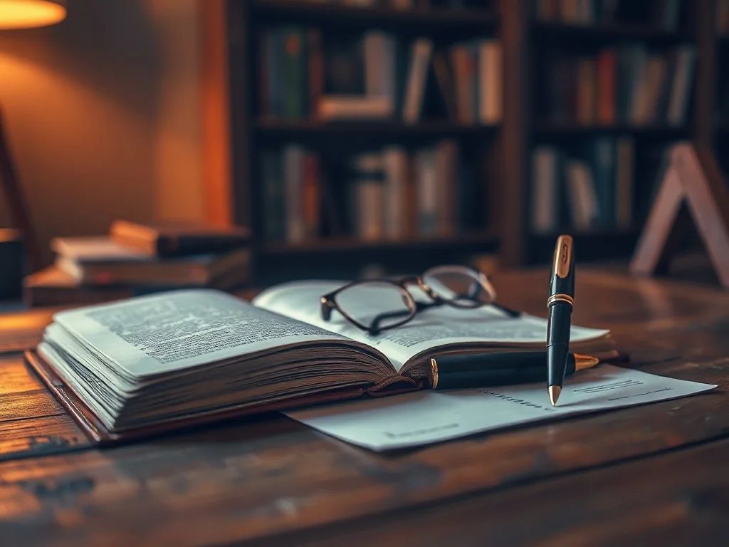 Otwarte notatnik i pióro na drewnianym biurku w bibliotece, tworzące atmosferę sprzyjającą pisaniu i pracy twórczej.