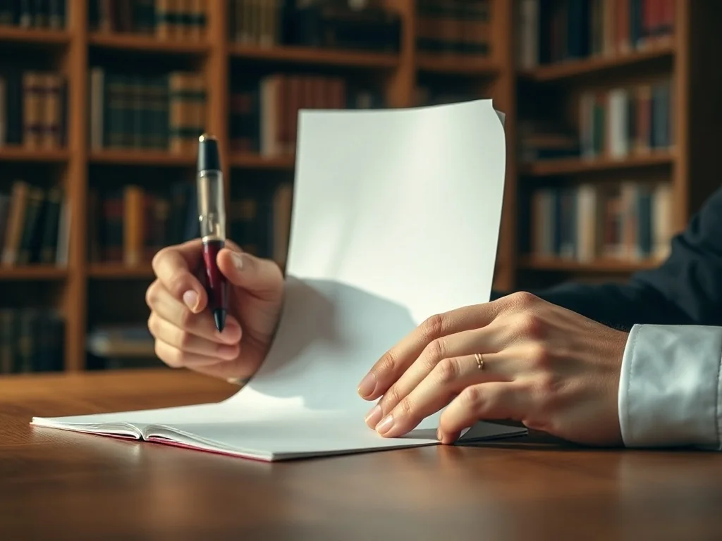 Osoba z piórem wiecznym zastanawiająca się nad zapisaniem słowa na czystej kartce papieru w przytulnym wnętrzu biblioteki.