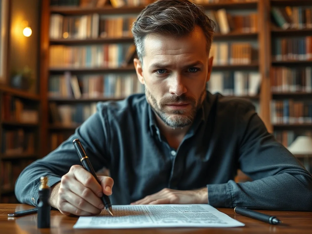 Mężczyzna skupiony na pisaniu piórem wiecznym na zabytkowym papierze w przytulnej bibliotece.